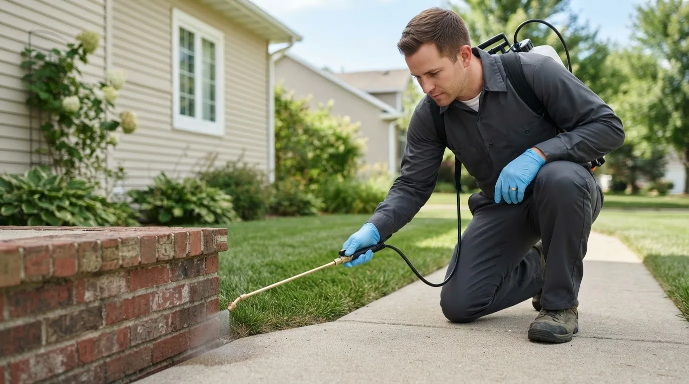 Pest control technician treating a home near Haverford, PA